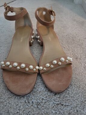 Stuart Weitzman Suede Ankle-Strap Pearl Embellished Sandals - Tan